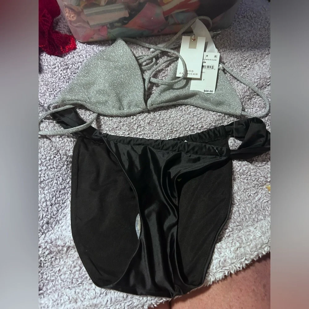 Good American Bali Ruched Swim Bikini Bottom Black silver top 2 M SW01